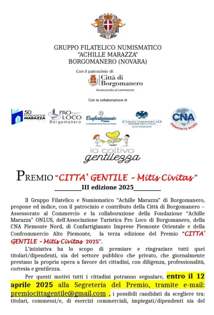 Sono aperte le candidature per il premio "Città Gentile" 2025 destinato a tutti quei titolari, dipendenti, sia del settore pubblico che privato, che giornalmente prestano la propria opera a favore dei cittadini, con diligenza, professionalità, cortesia e gentilezza.