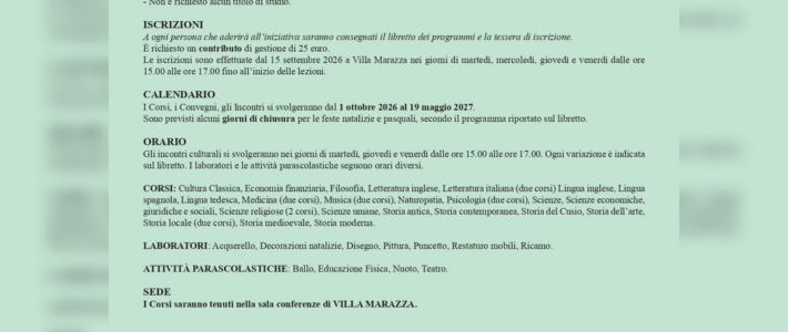 Università per la terza età 2026 Università per la terza età 2026